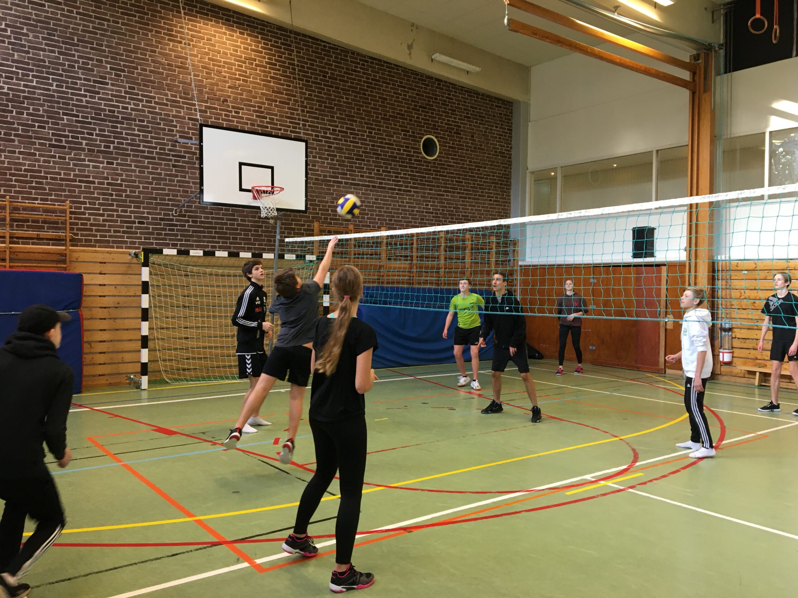 Skolelever som spelar volleyboll under idrottslektion
